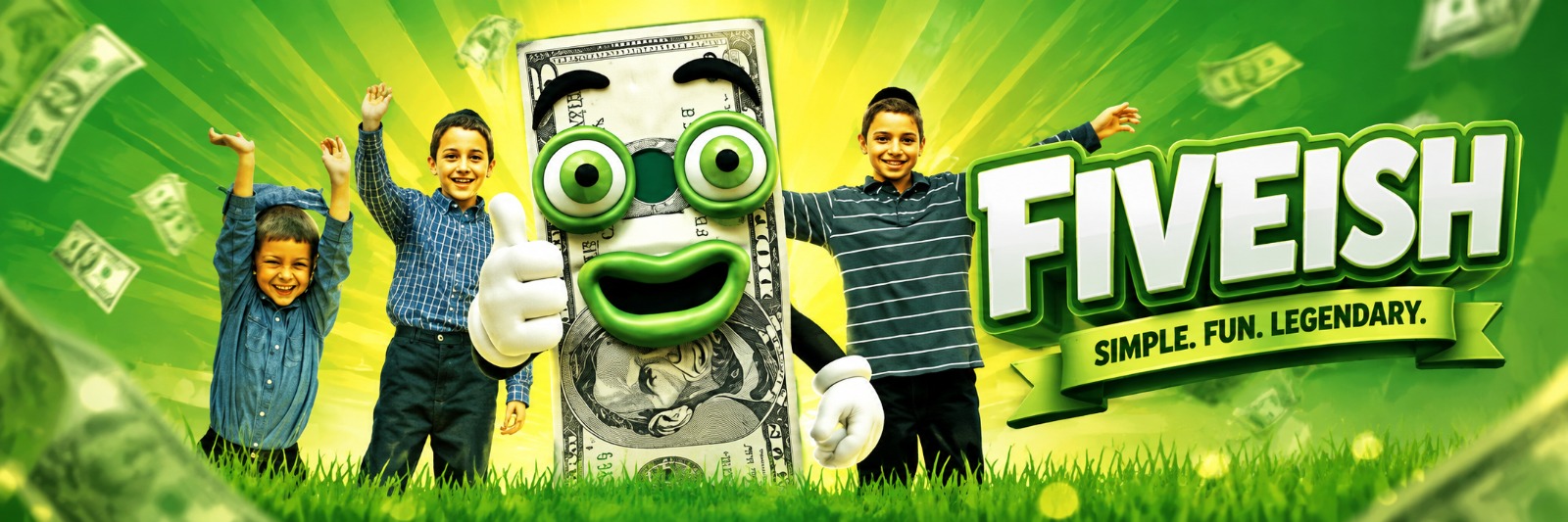 Fiveish mascot banner with children — simple, fun, legendary