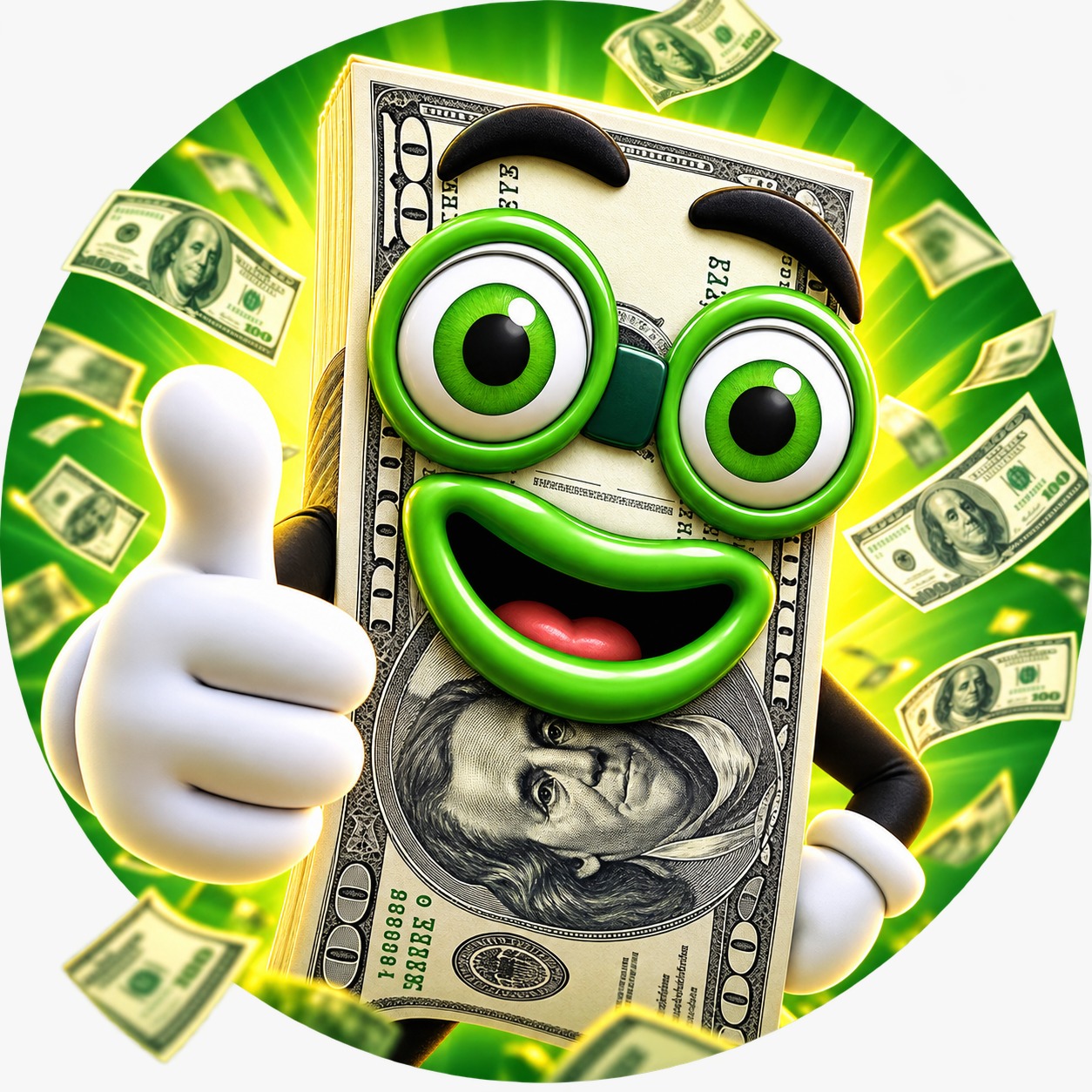 Fiveish, an anthropomorphic five-dollar bill with large green eyes, giving a thumbs up